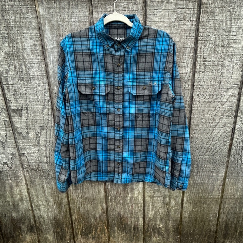 Huk Blue Gray Plaid Fishing Flannel Overshirt Men's XL Outdoors Utility Heritage